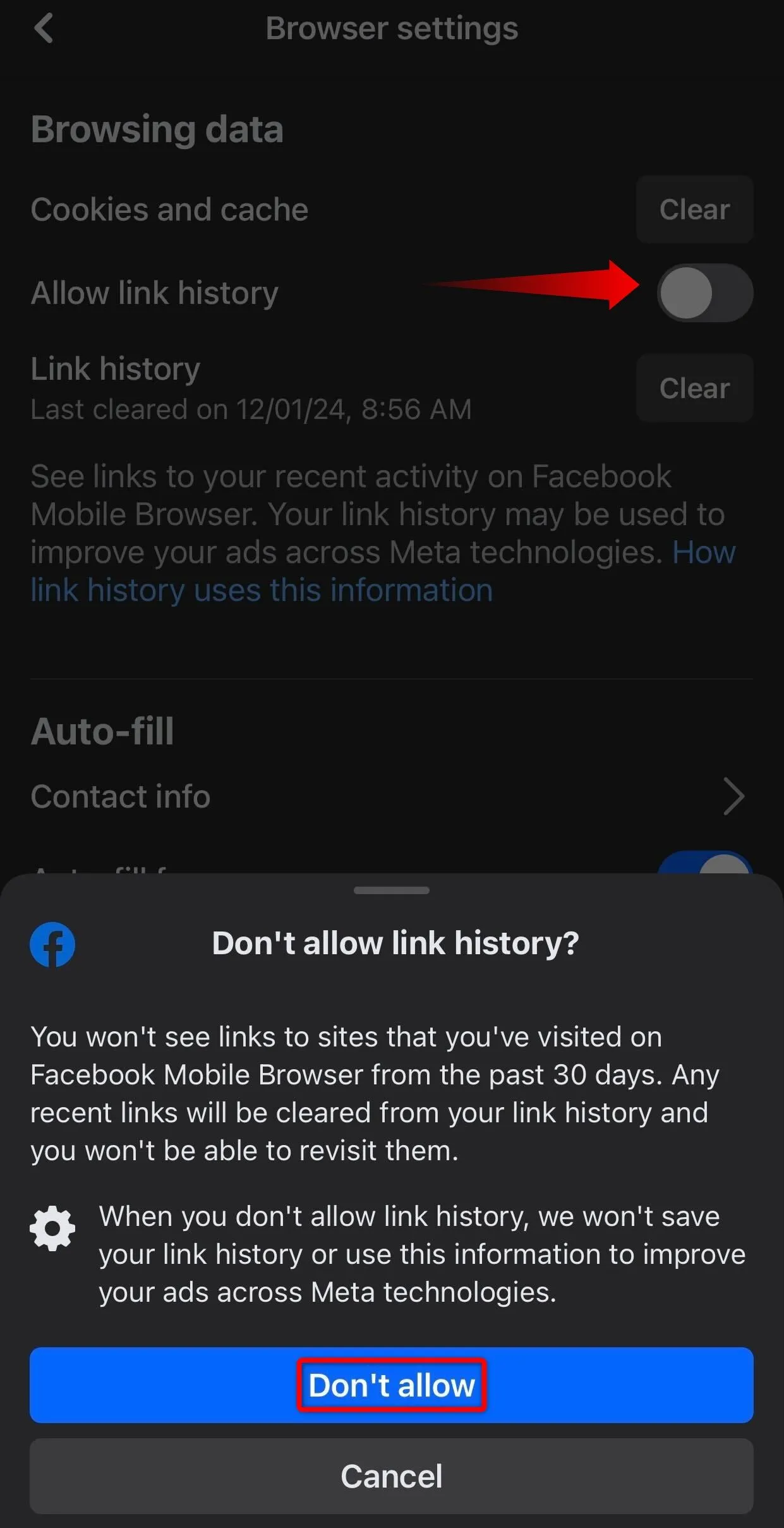 Tắt tùy chọn &quot;Cho phép Lịch sử liên kết&quot; trong phần cài đặt trình duyệt Facebook để ngừng lưu trữ các đường dẫn đã truy cập.