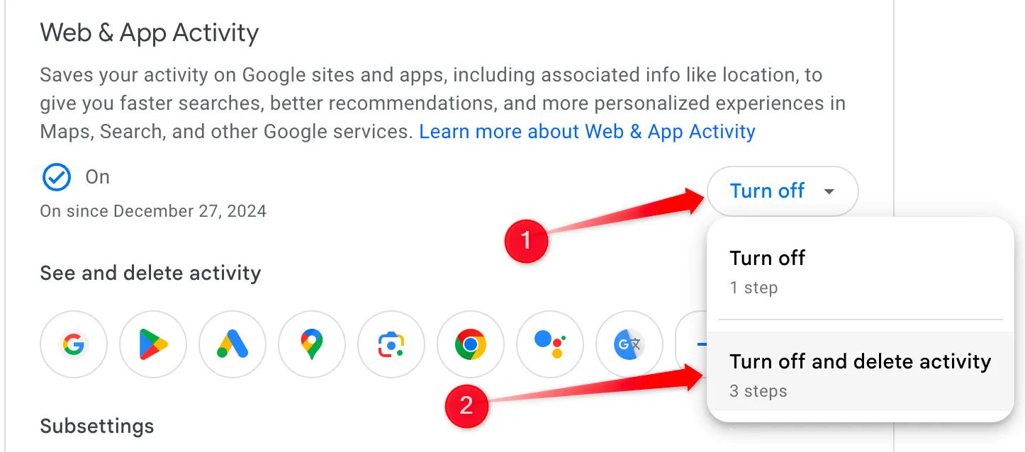 Tắt và xóa hoạt động trên web và ứng dụng trong tài khoản Google