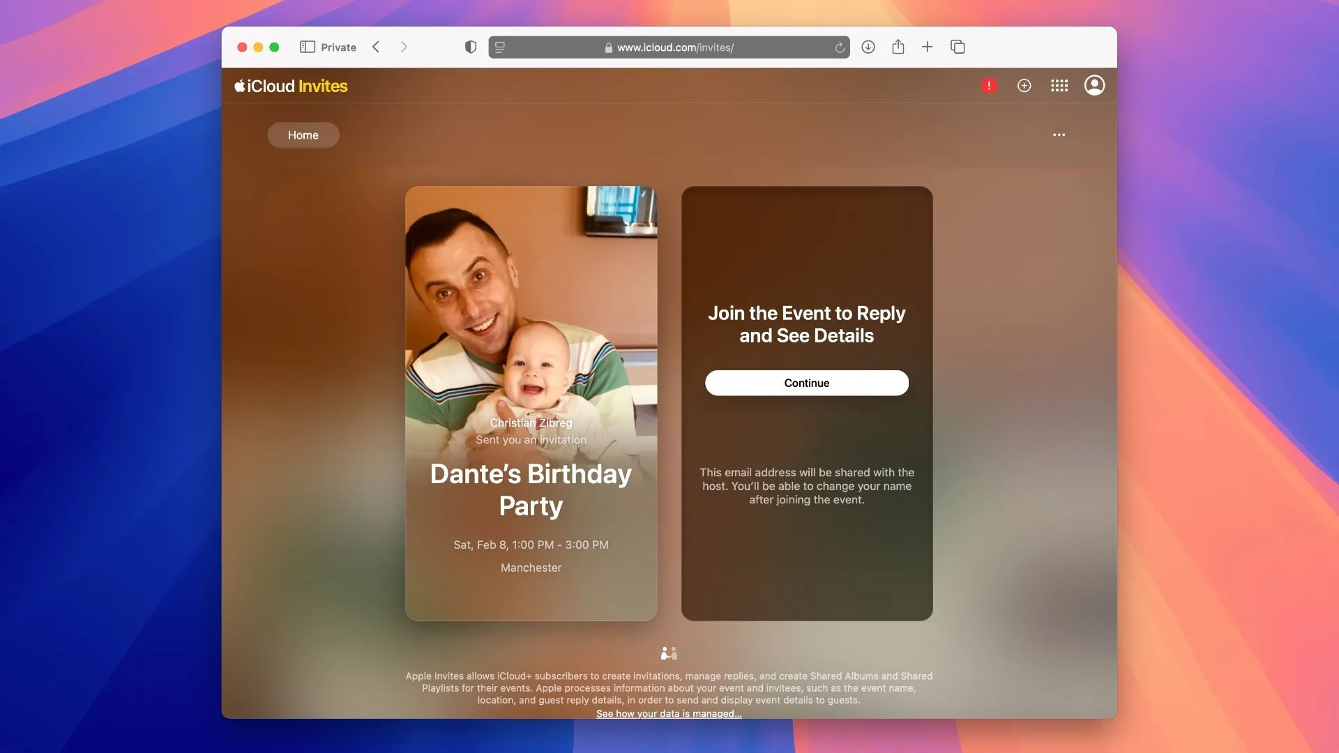Tham gia sự kiện tiệc sinh nhật qua ứng dụng web Apple Invites, yêu cầu xác nhận địa chỉ email để RSVP.