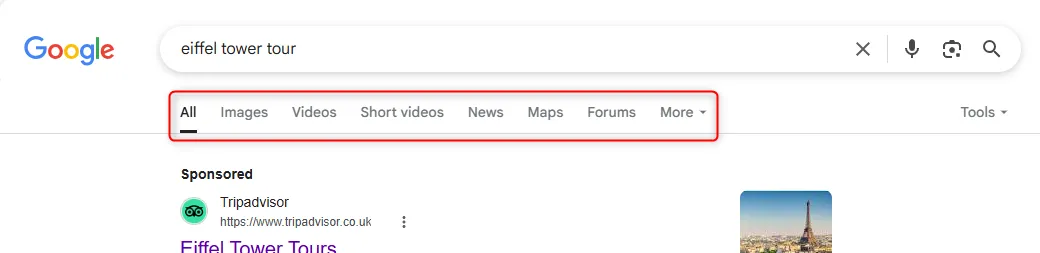 Thanh công cụ tìm kiếm của Google hiển thị các bộ lọc như Hình ảnh, Video, Tin tức, giúp người dùng thu hẹp loại kết quả.