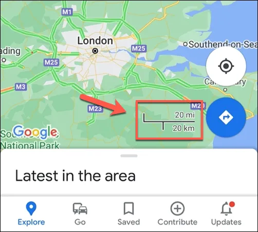 Thanh hiển thị tỷ lệ bản đồ Google Maps trong ứng dụng Android với cả đơn vị kilomet và dặm.
