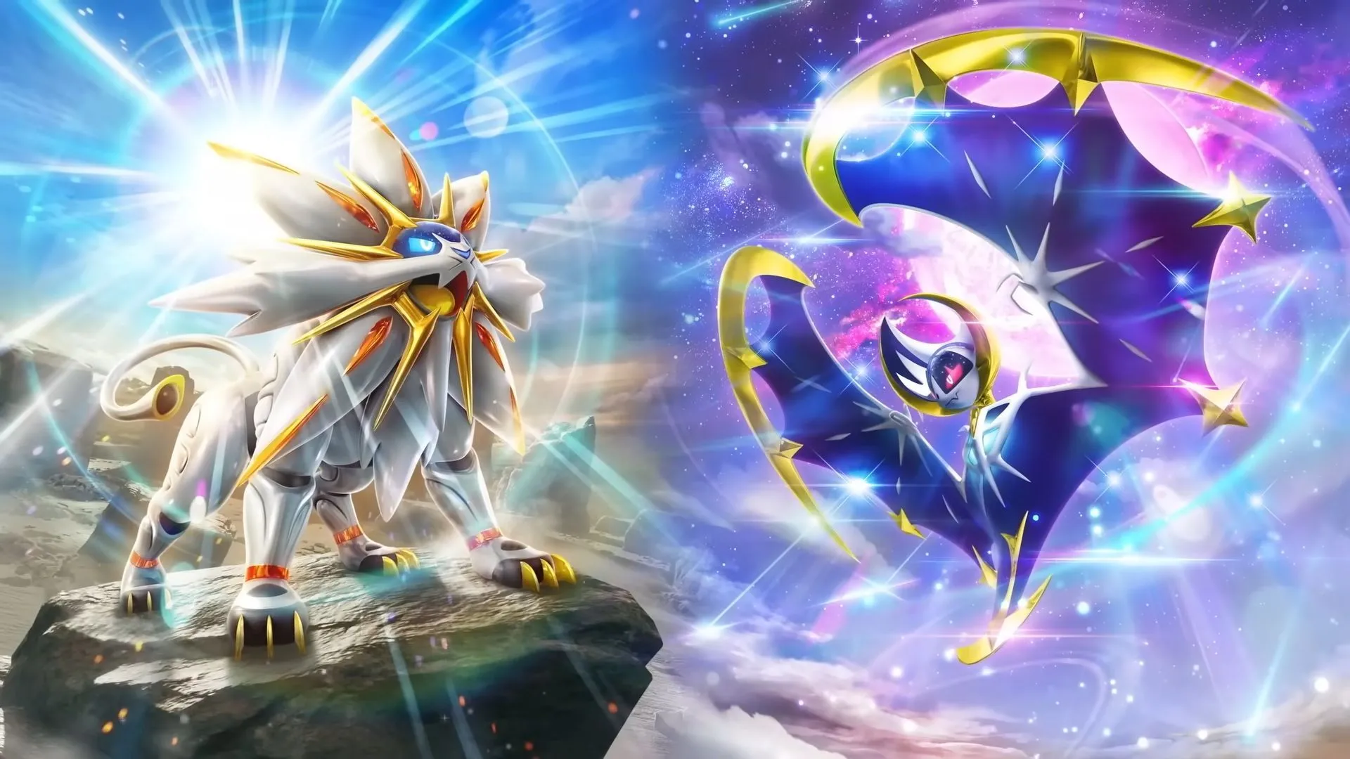 Thẻ bài Pokémon huyền thoại Solgaleo và Lunala, đại diện cho hai phiên bản gói tăng cường trong bản mở rộng Celestial Guardians của Pokémon TCG Pocket.