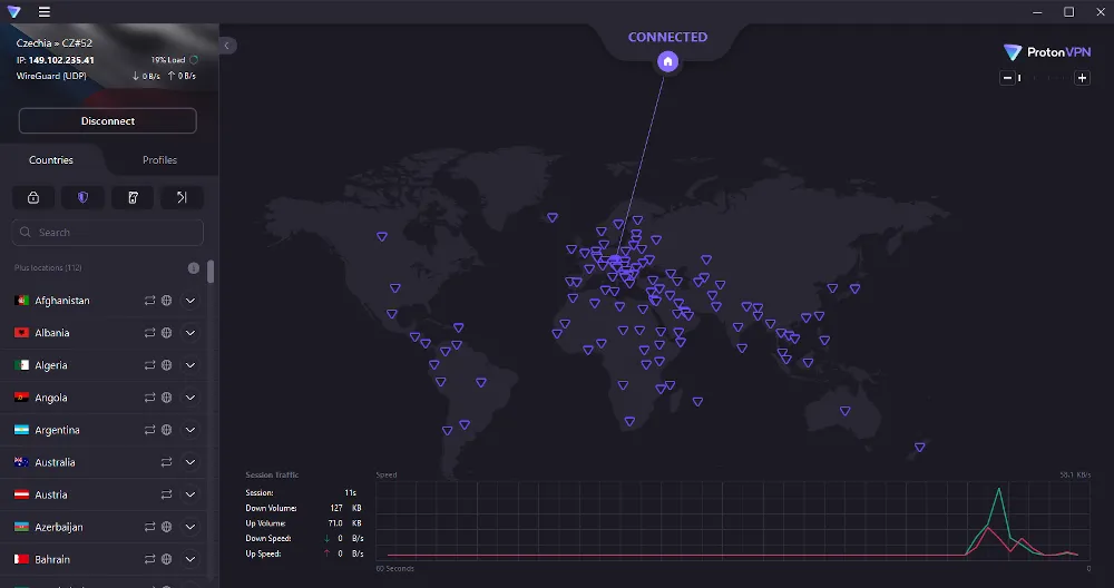 The Proton VPN main interface.