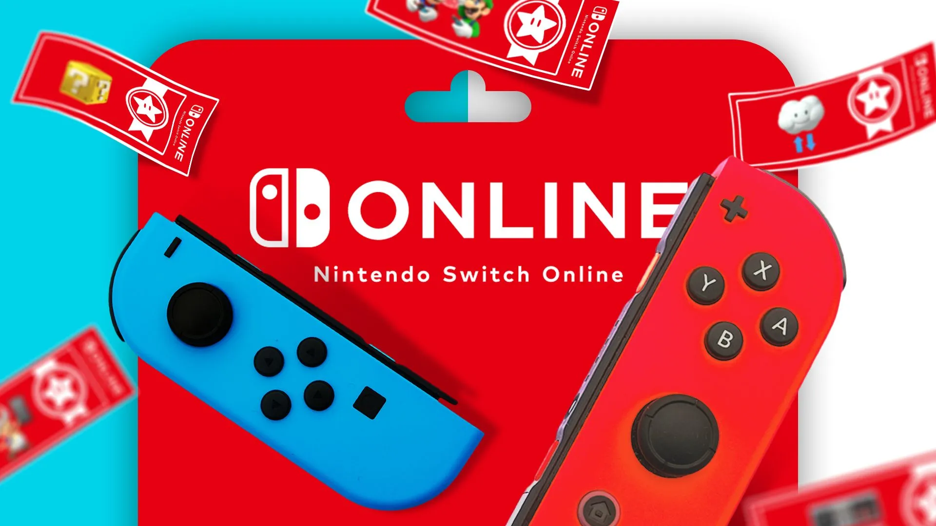 Thẻ quà tặng Nintendo Online và các phiếu giảm giá game nằm xung quanh hai tay cầm Joy-Con của máy Nintendo Switch.
