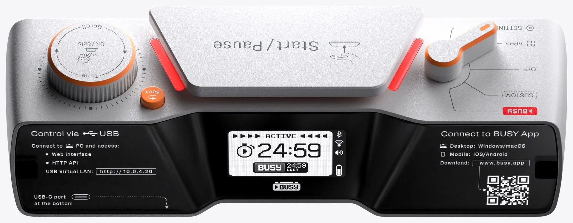 Thiết bị Busy Bar của Flipper Devices đang hiển thị chữ &quot;BUSY&quot; màu đỏ, một công cụ giúp tăng cường sự tập trung trong công việc.