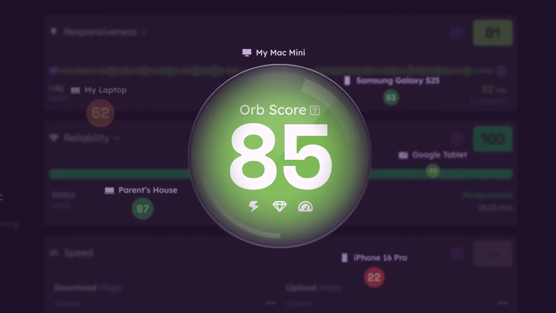 Thiết bị Orb màu trắng dùng để theo dõi chất lượng internet, đặt trên bề mặt màu đen