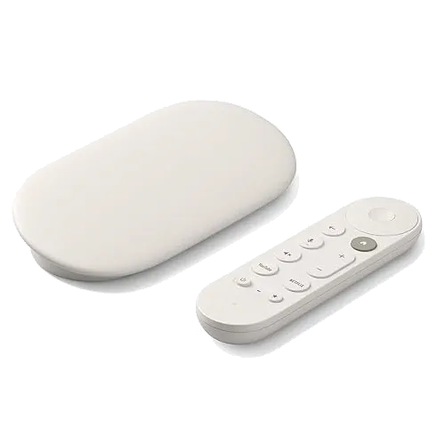 Thiết bị stream Google TV 4K màu trắng với điều khiển từ xa