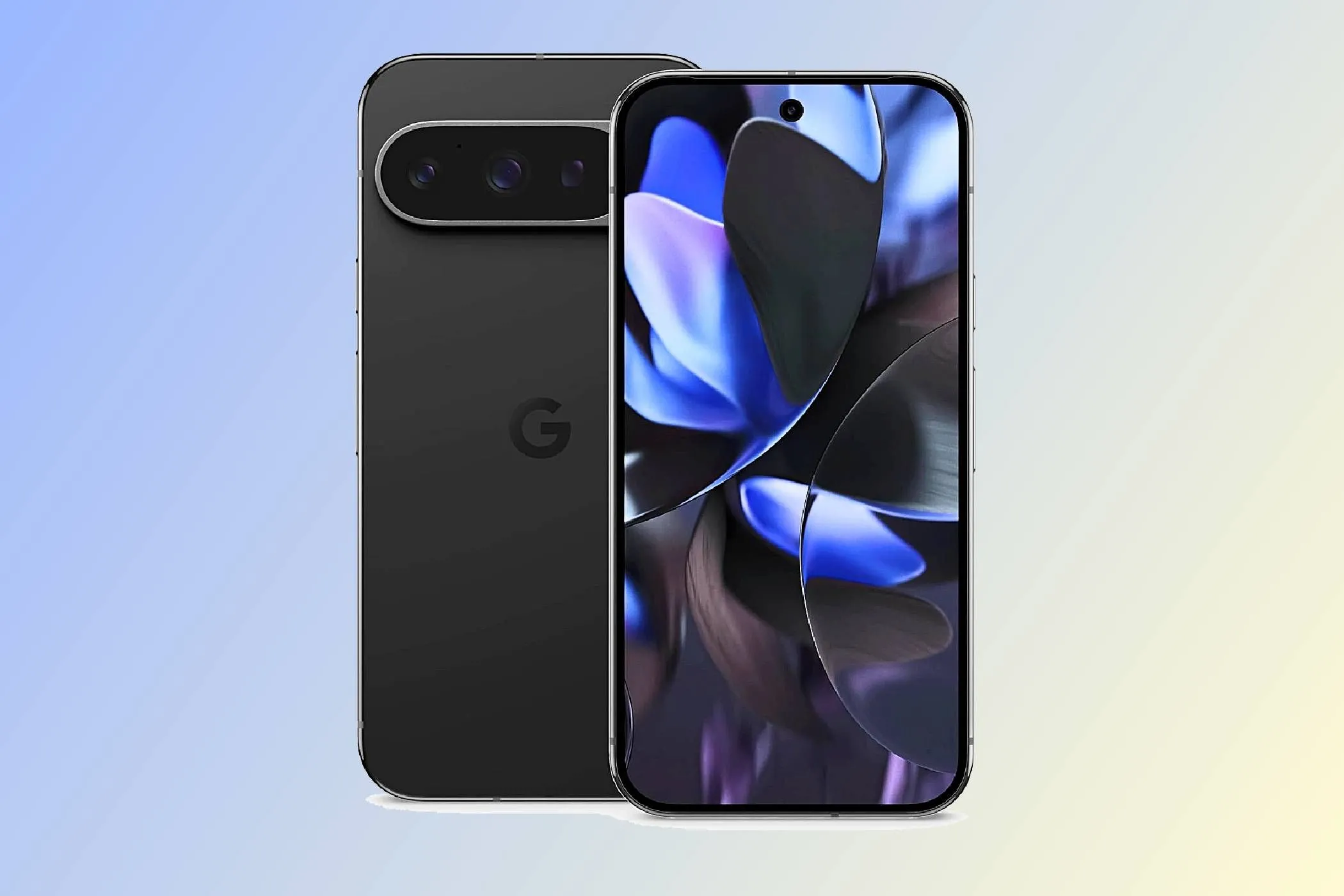 Thiết kế mặt trước và sau của điện thoại Google Pixel 9 Pro màu xanh lá.