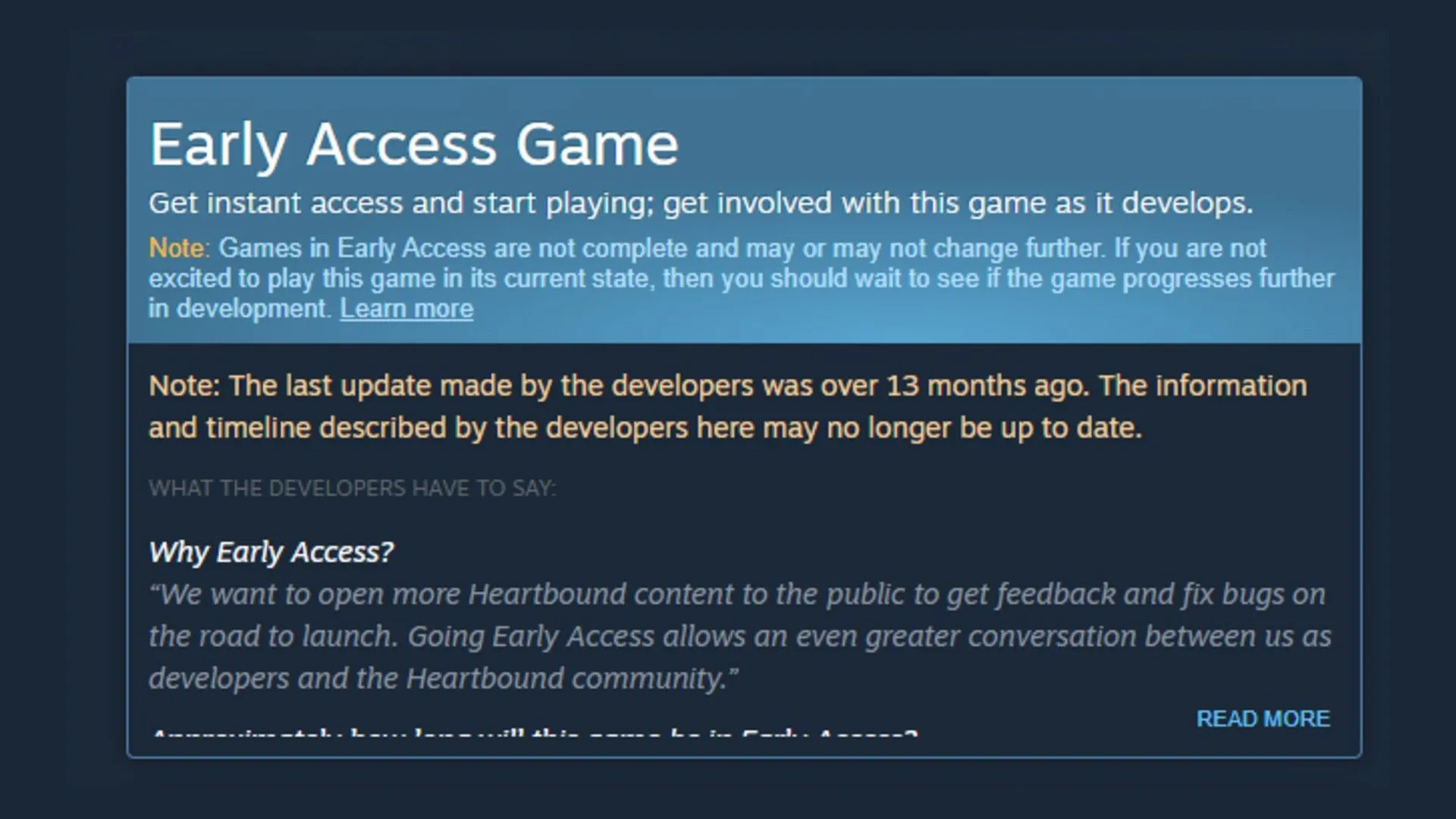 Thông báo cảnh báo game Early Access không cập nhật trên Steam Store.