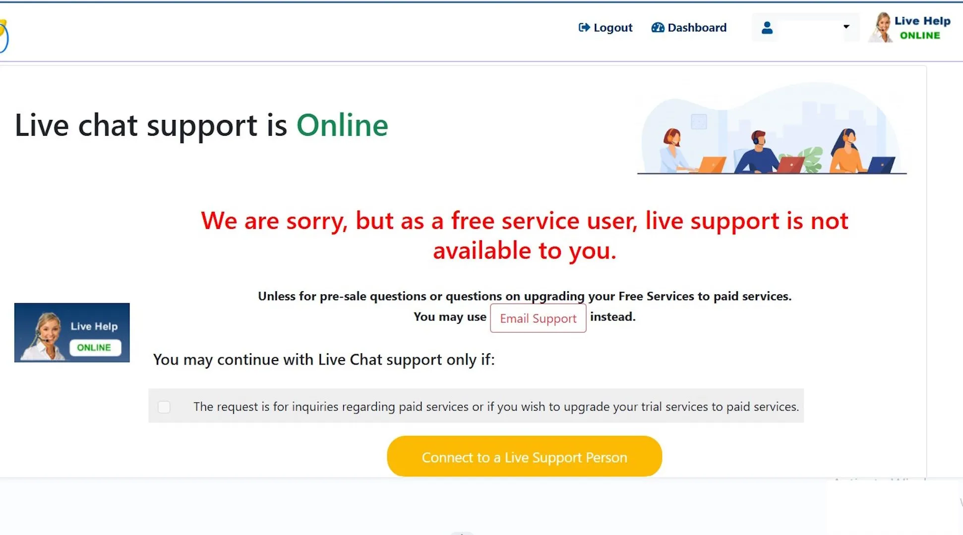Thông báo không có hỗ trợ Live Chat cho tài khoản tên miền miễn phí của Free Domain