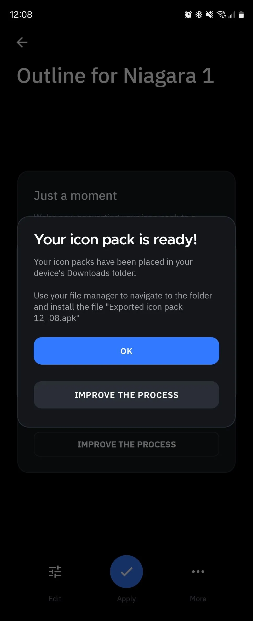 Thông báo từ Icon Pack Studio cho biết gói biểu tượng đã sẵn sàng để cài đặt dưới dạng tệp APK.