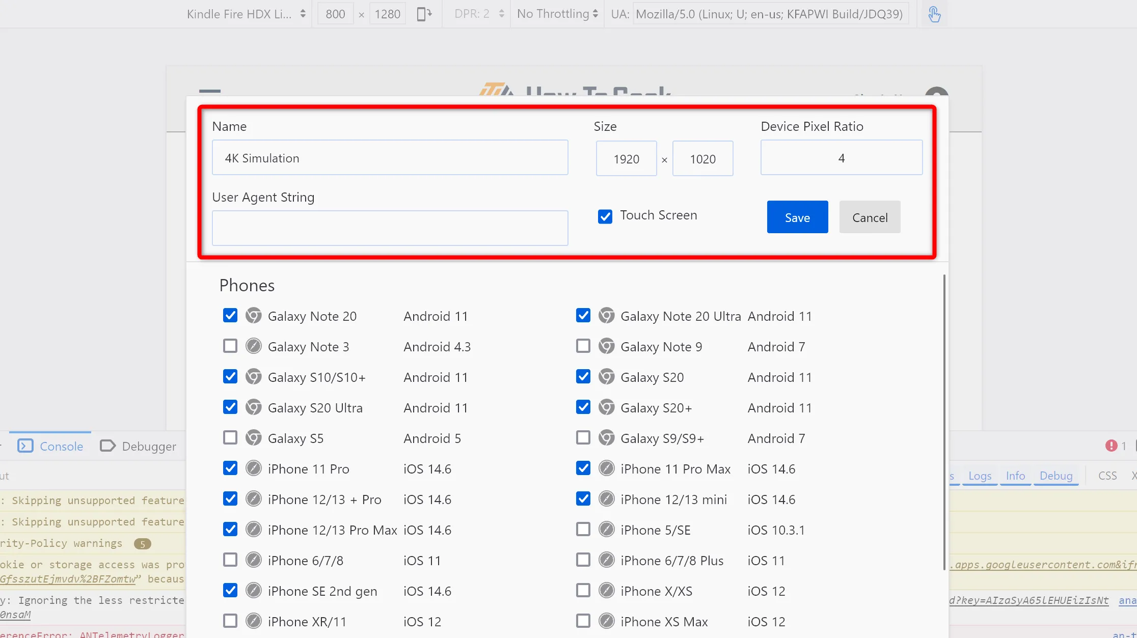 Thông số kỹ thuật thiết bị tùy chỉnh trong Firefox Developer Tools