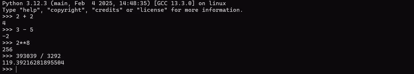 Thực hiện các phép tính toán học cơ bản bằng Python trong terminal.