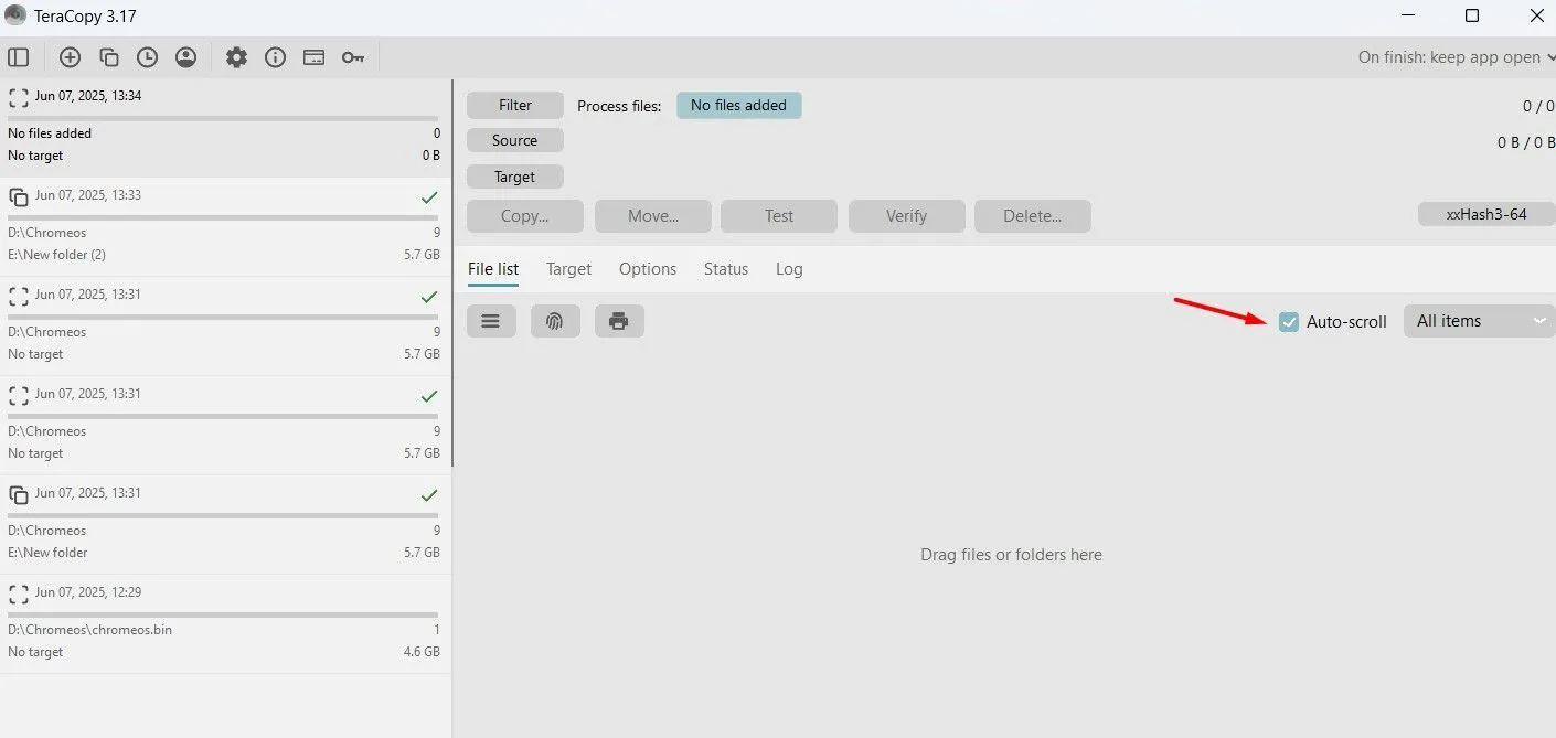 Tính năng Auto Scroll của TeraCopy giúp tự động bỏ qua file lỗi và tiếp tục quá trình sao chép