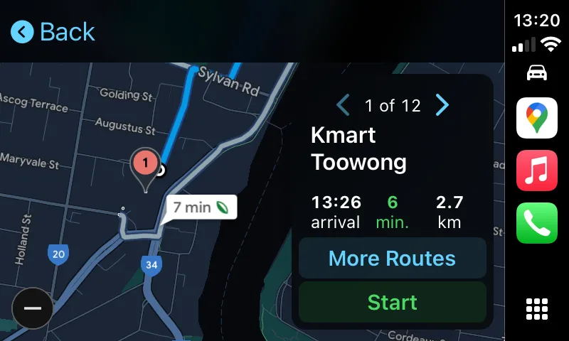 Tổng quan lộ trình đến Kmart trên giao diện Google Maps CarPlay
