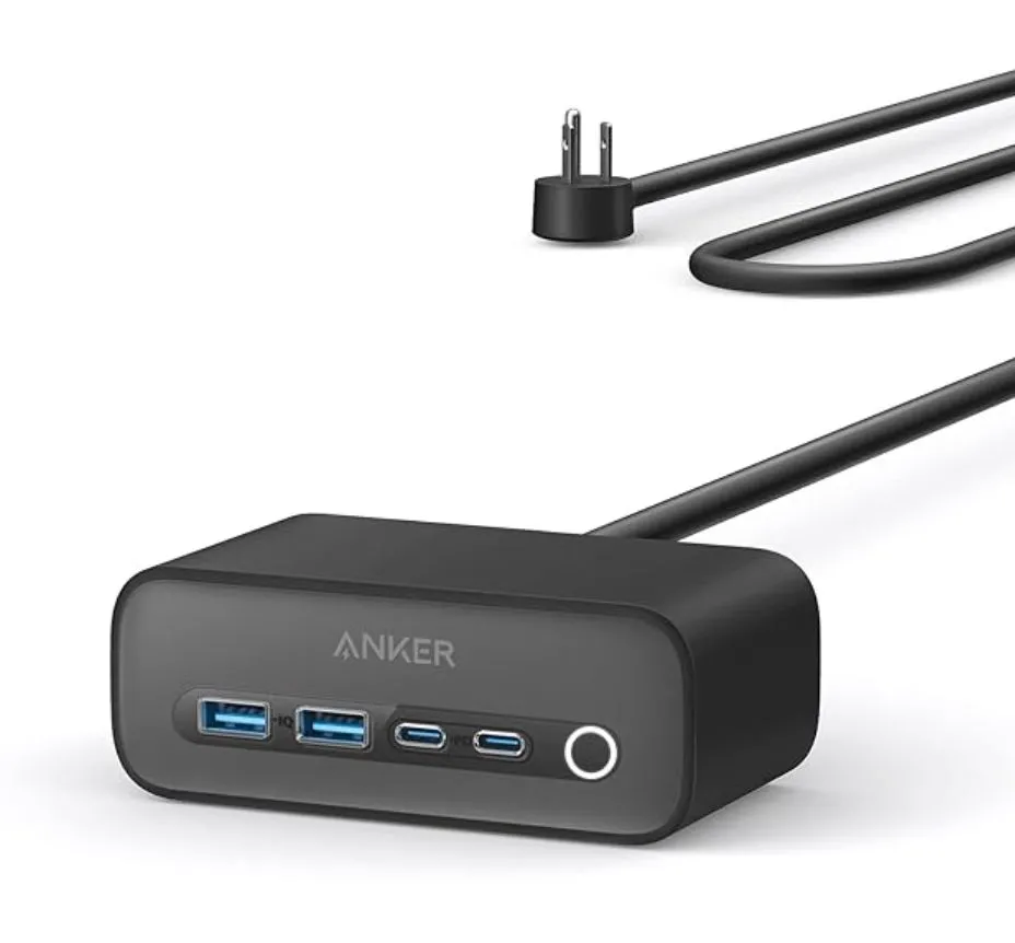 Trạm sạc đa năng Anker Nano 7-in-1 100W màu trắng với các cổng sạc USB và ổ cắm chống sốc điện