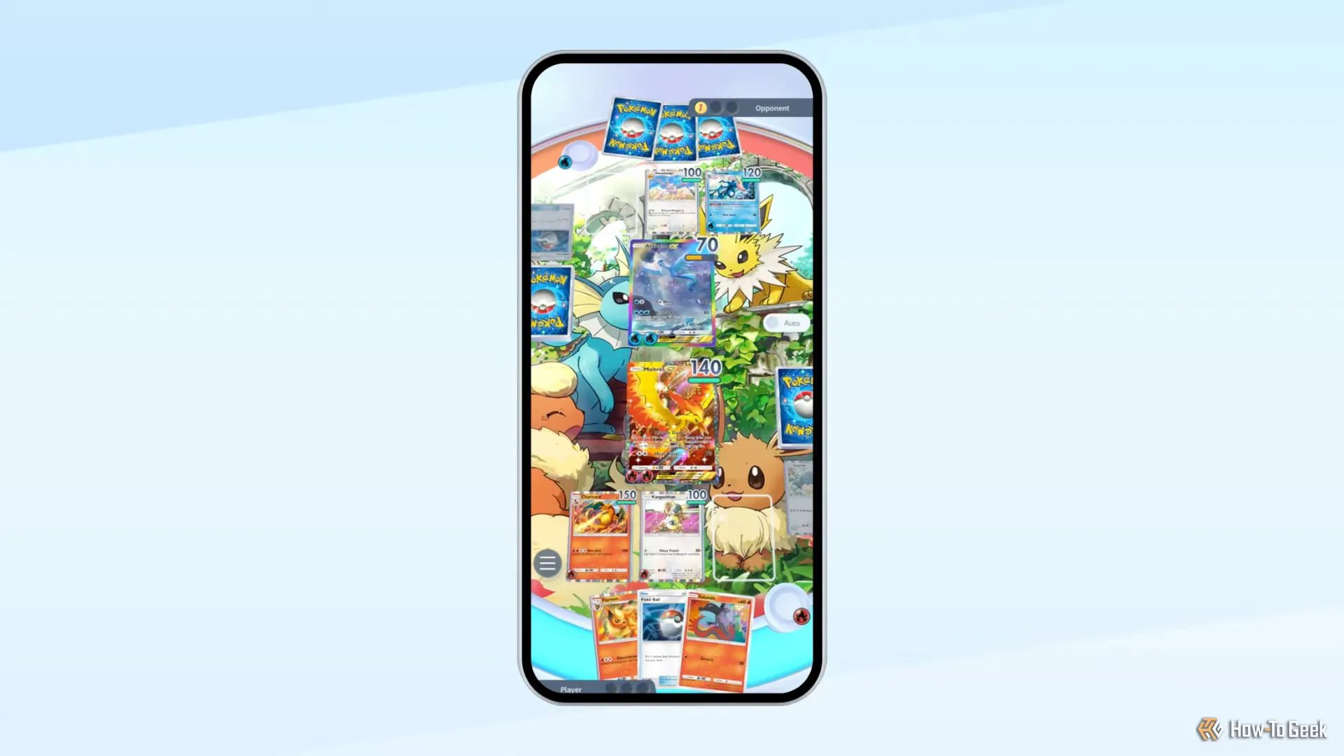 Trận đấu giữa Moltres và Articuno trong game Pokémon TCG Pocket với bảng chơi hình Eevee