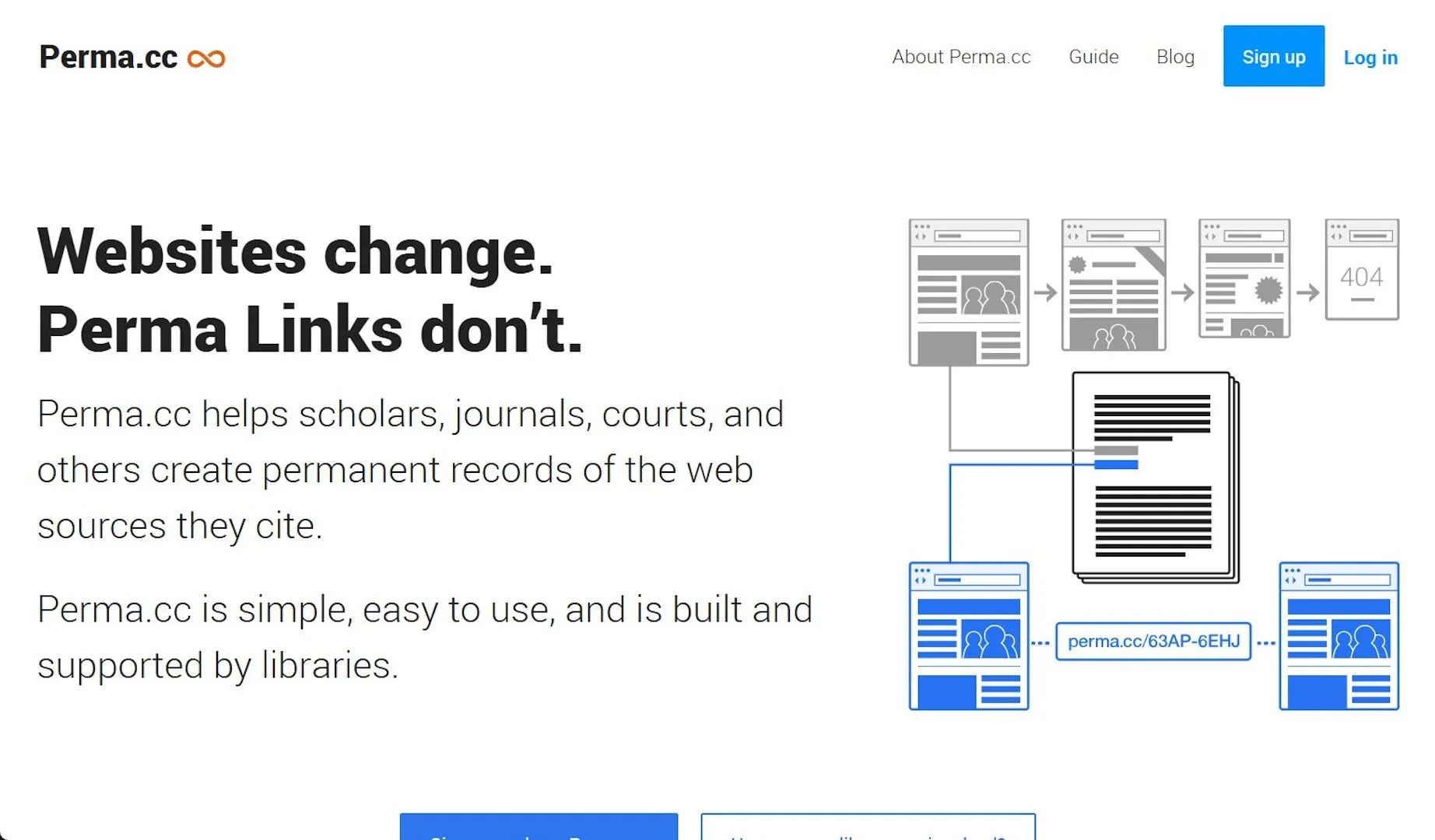 Trang chủ Perma.cc, một dịch vụ lưu trữ web chuyên nghiệp do Harvard phát triển, giúp ngăn chặn lỗi liên kết.