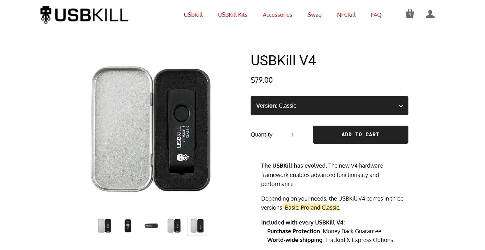 Trang thanh toán USBKill V4 trên website chính thức của nhà sản xuất, cho thấy khả năng mua sắm dễ dàng các thiết bị phá hủy phần cứng qua cổng USB.