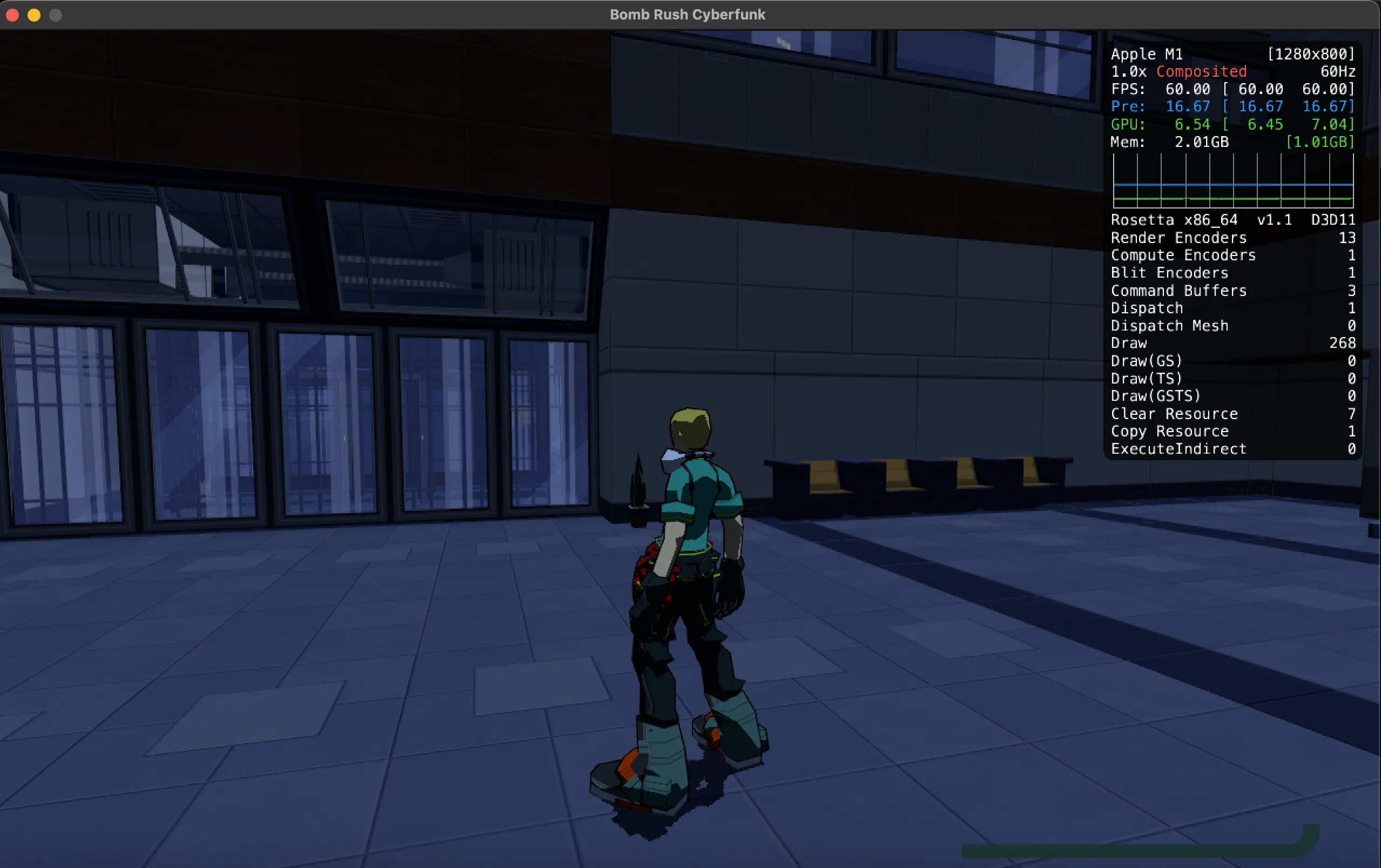 Trò chơi Bomb Rush Cyberfunk đang chạy mượt mà trên ứng dụng Whisky trên macOS, minh họa khả năng của Game Porting Toolkit.