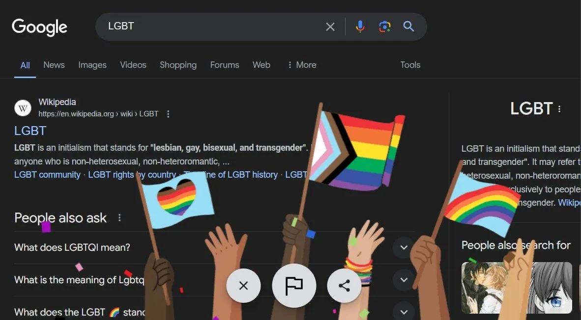 Trứng phục sinh LGBT trên Google Search với biểu tượng trái tim và cờ cầu vồng
