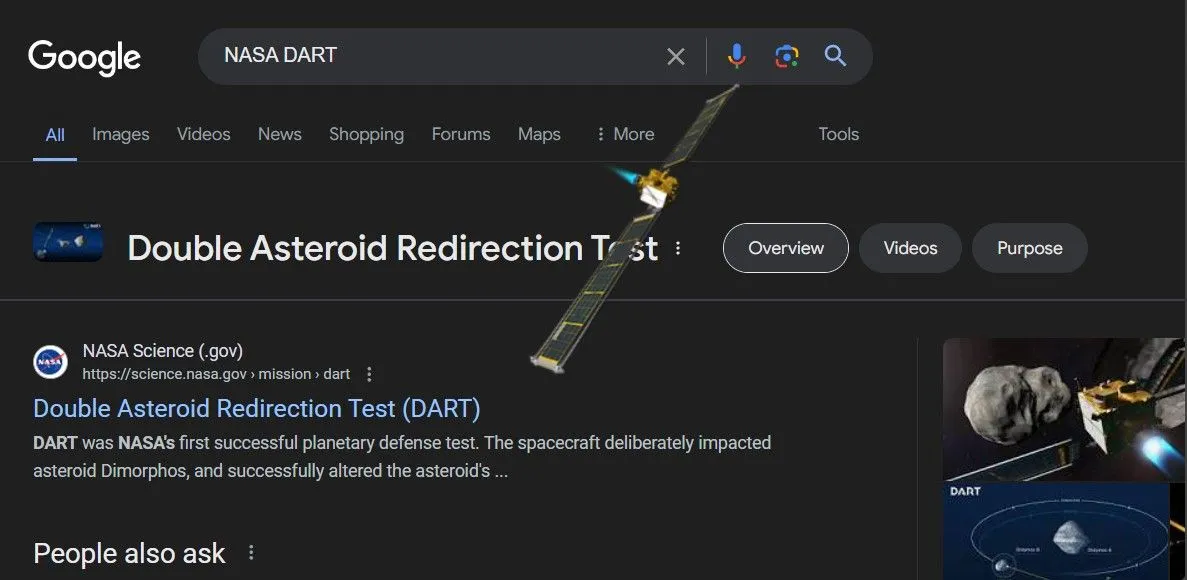 Trứng phục sinh NASA DART mô phỏng tàu vũ trụ va chạm với trang kết quả tìm kiếm Google