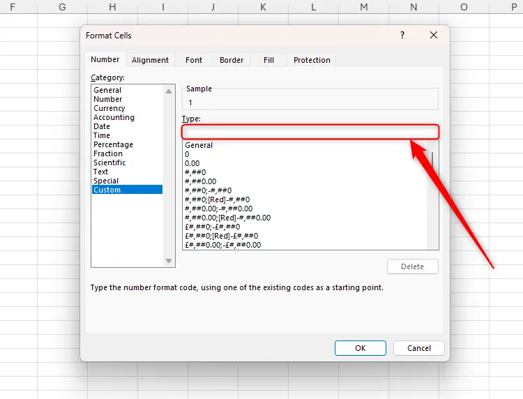 Trường Type trong mục Custom của hộp thoại Format Cells trong Excel, nơi nhập cú pháp định dạng số tùy chỉnh.