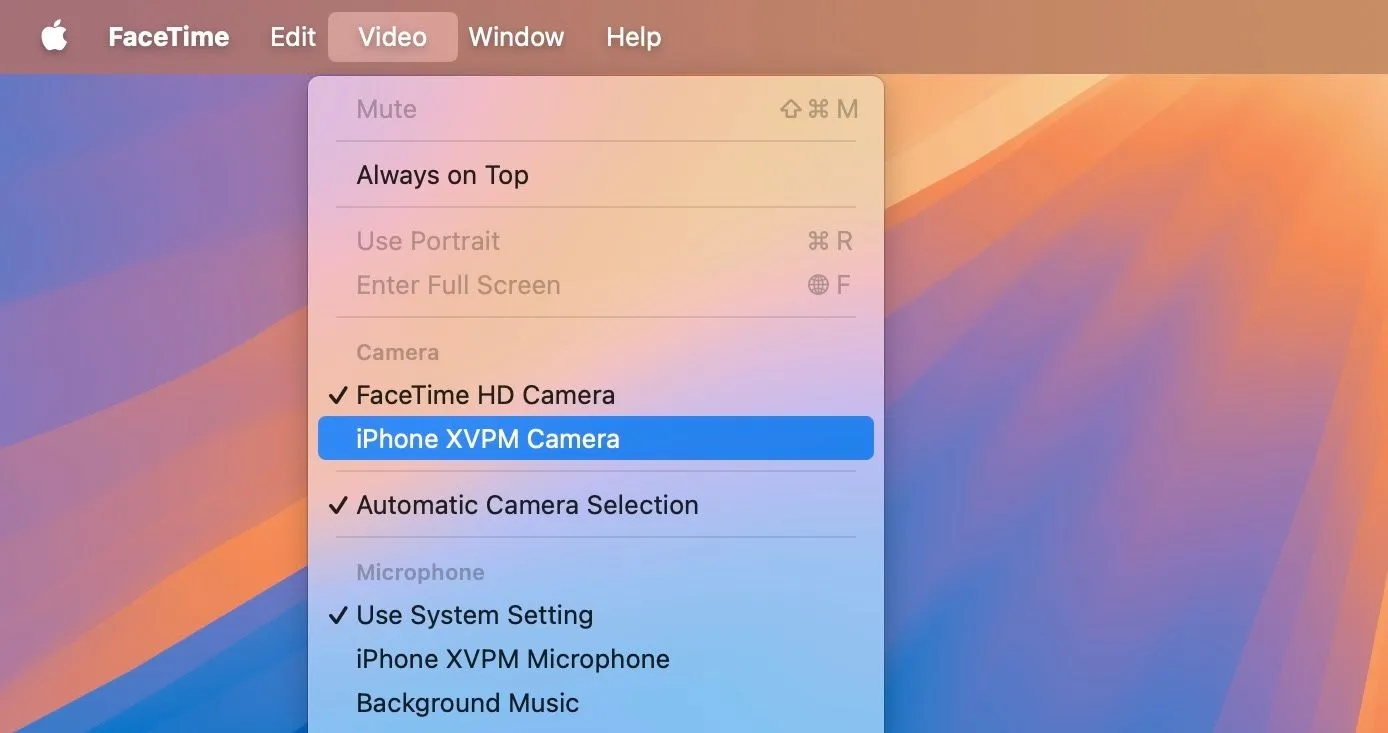 Tùy chọn chọn iPhone làm nguồn camera trong ứng dụng FaceTime trên Mac, minh họa tính năng webcam Continuity Camera.
