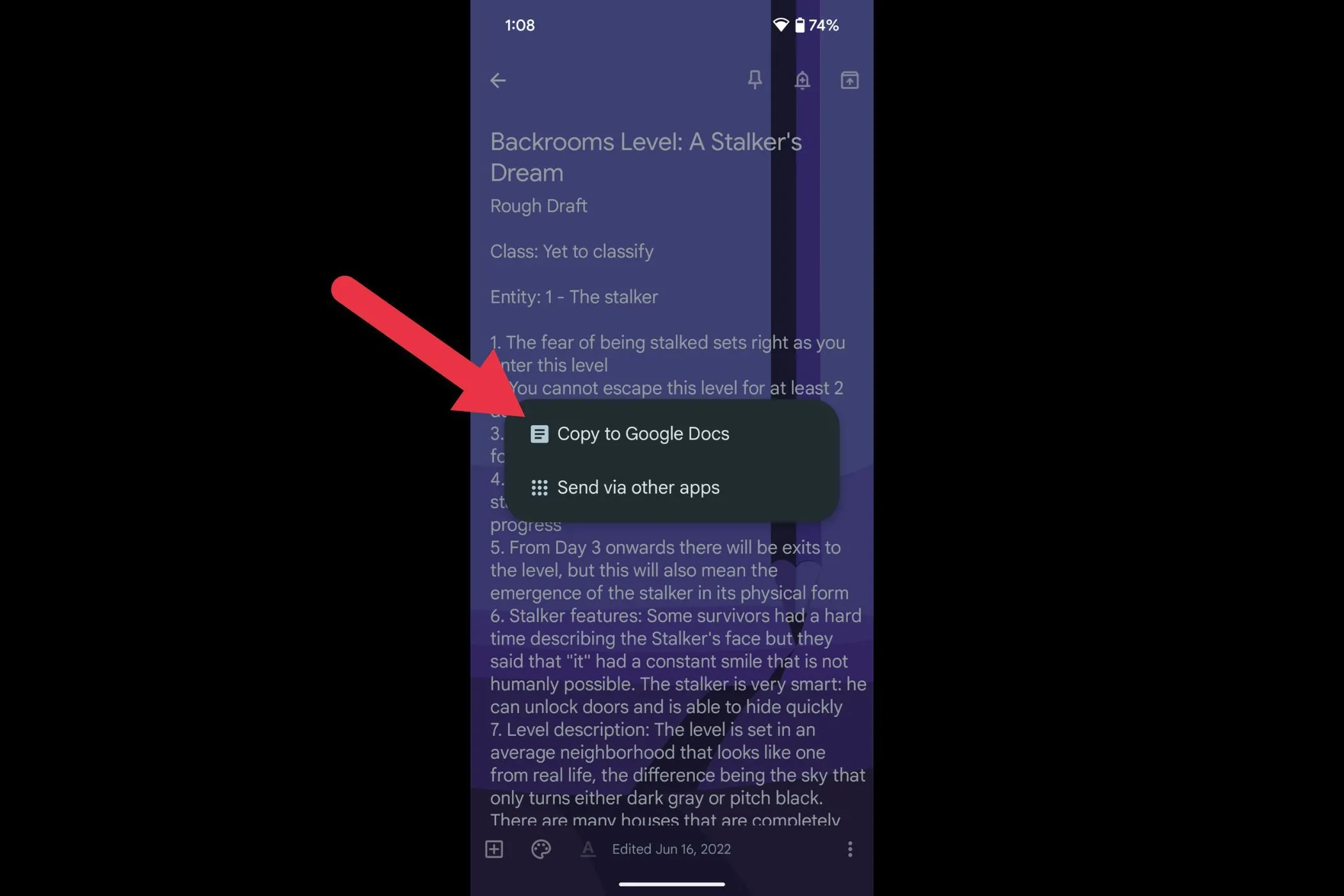 Tùy chọn &quot;Copy to Google Docs&quot; (Sao chép vào Google Tài liệu) từ menu &quot;Gửi&quot; của Google Keep, giúp chuyển ghi chú thành tài liệu nhanh chóng.
