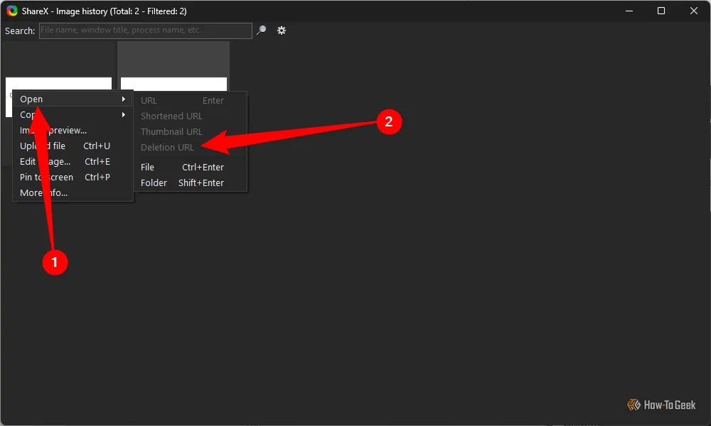 Tùy chọn &quot;Deletion URL&quot; trong lịch sử ảnh của ShareX, giúp xóa ảnh đã tải lên khỏi dịch vụ đám mây công cộng.