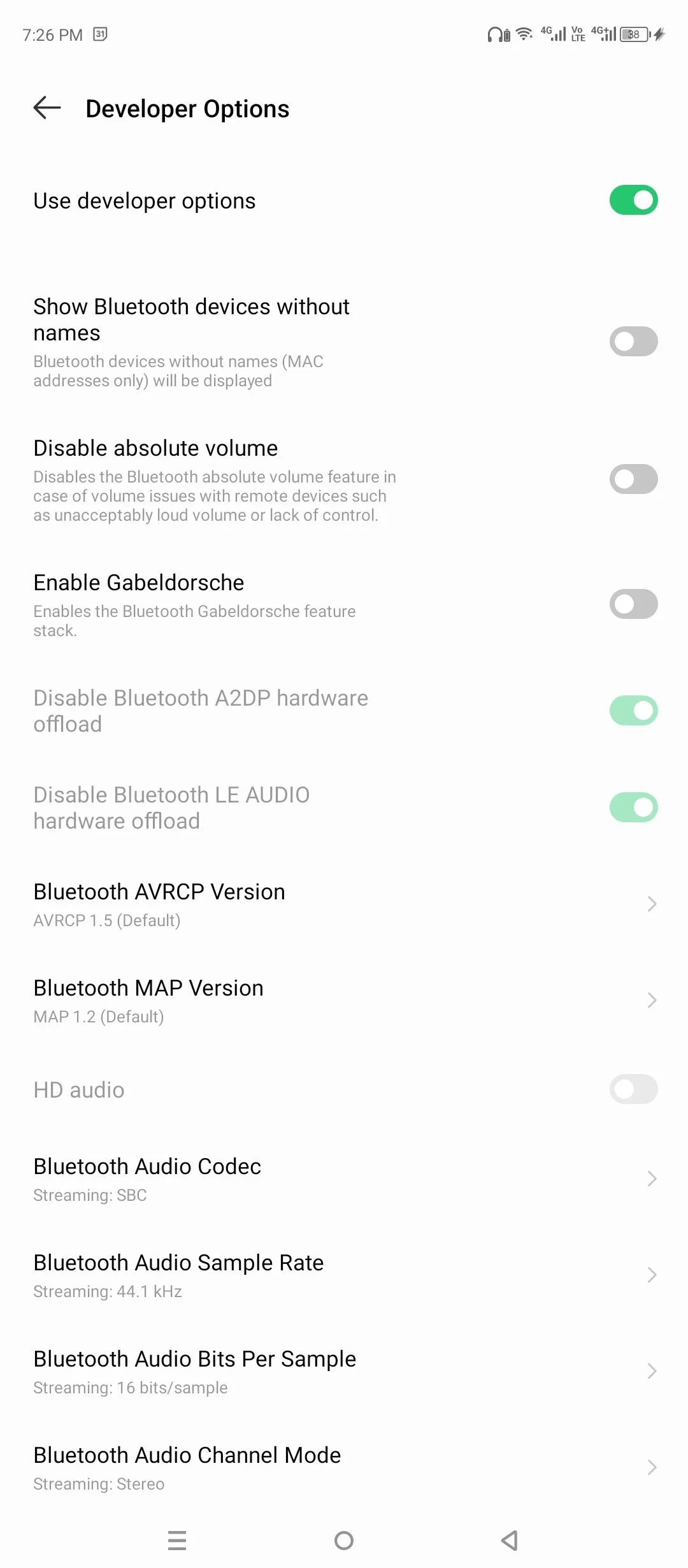 Tùy chọn hiển thị thiết bị Bluetooth không tên trong cài đặt nhà phát triển Android.