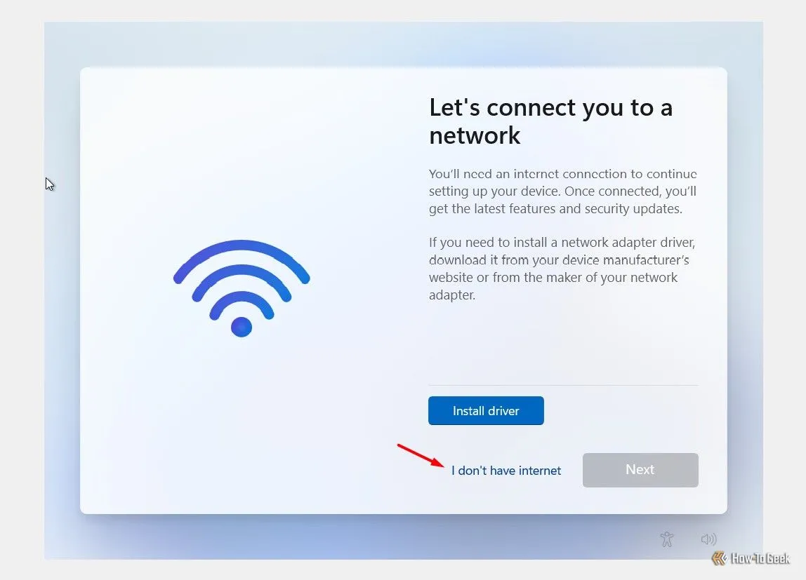 Tùy chọn &quot;I don't have internet&quot; (Tôi không có internet) trong quá trình cài đặt Windows 11.