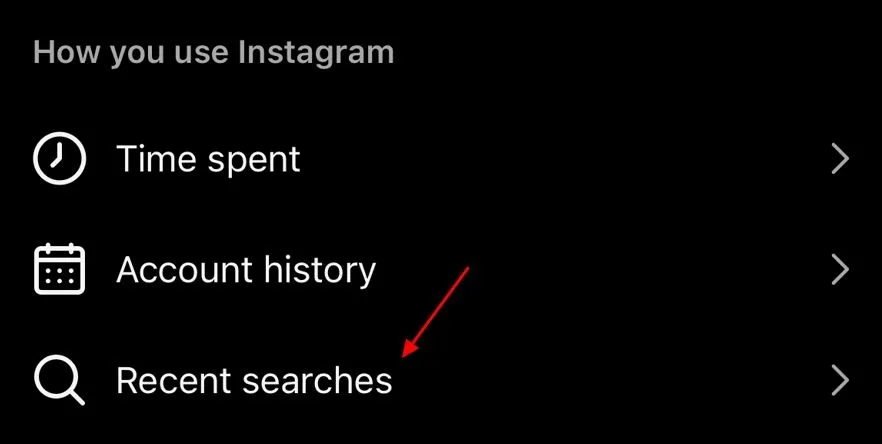 Tùy chọn Lượt tìm kiếm gần đây trong menu cài đặt Instagram
