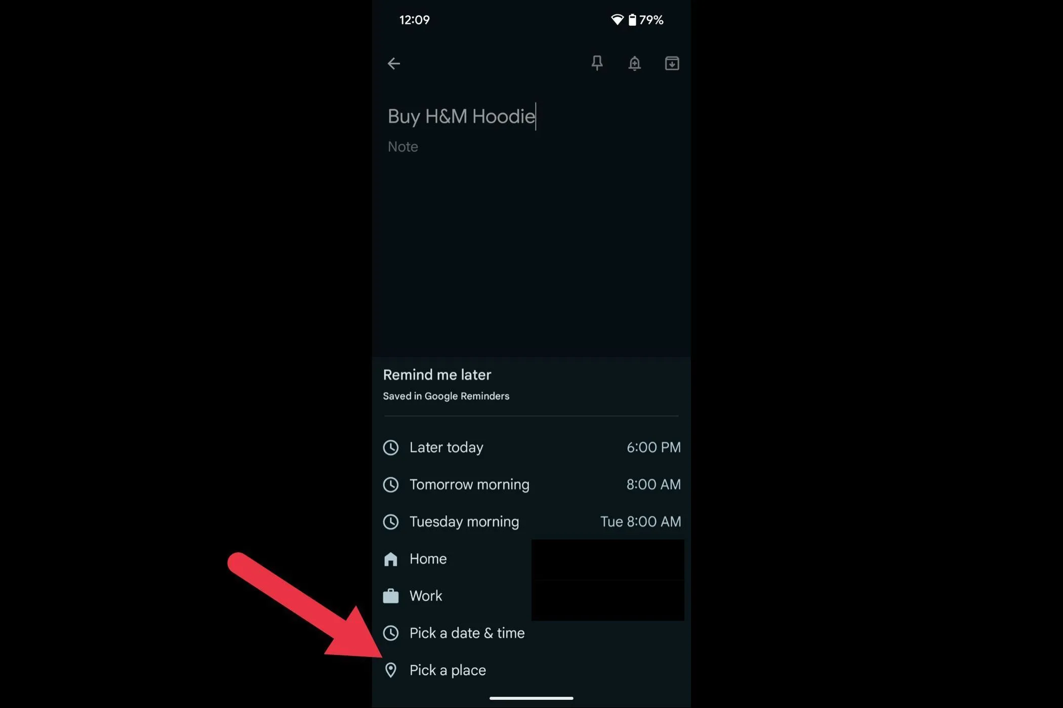 Tùy chọn &quot;Pick a place&quot; (Chọn một địa điểm) trong menu nhắc nhở của Google Keep, cho phép thiết lập lời nhắc dựa trên vị trí.