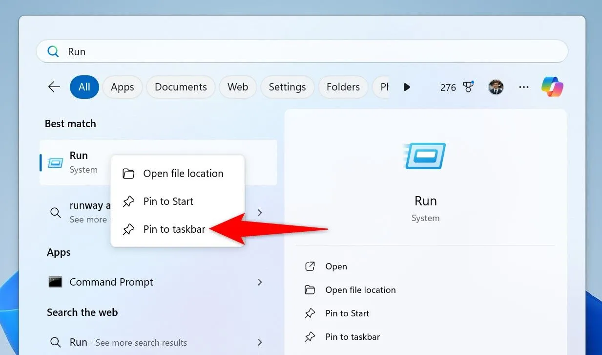 Tùy chọn &quot;Pin to taskbar&quot; (Ghim vào thanh tác vụ) cho ứng dụng Run trong kết quả tìm kiếm của Windows 11.