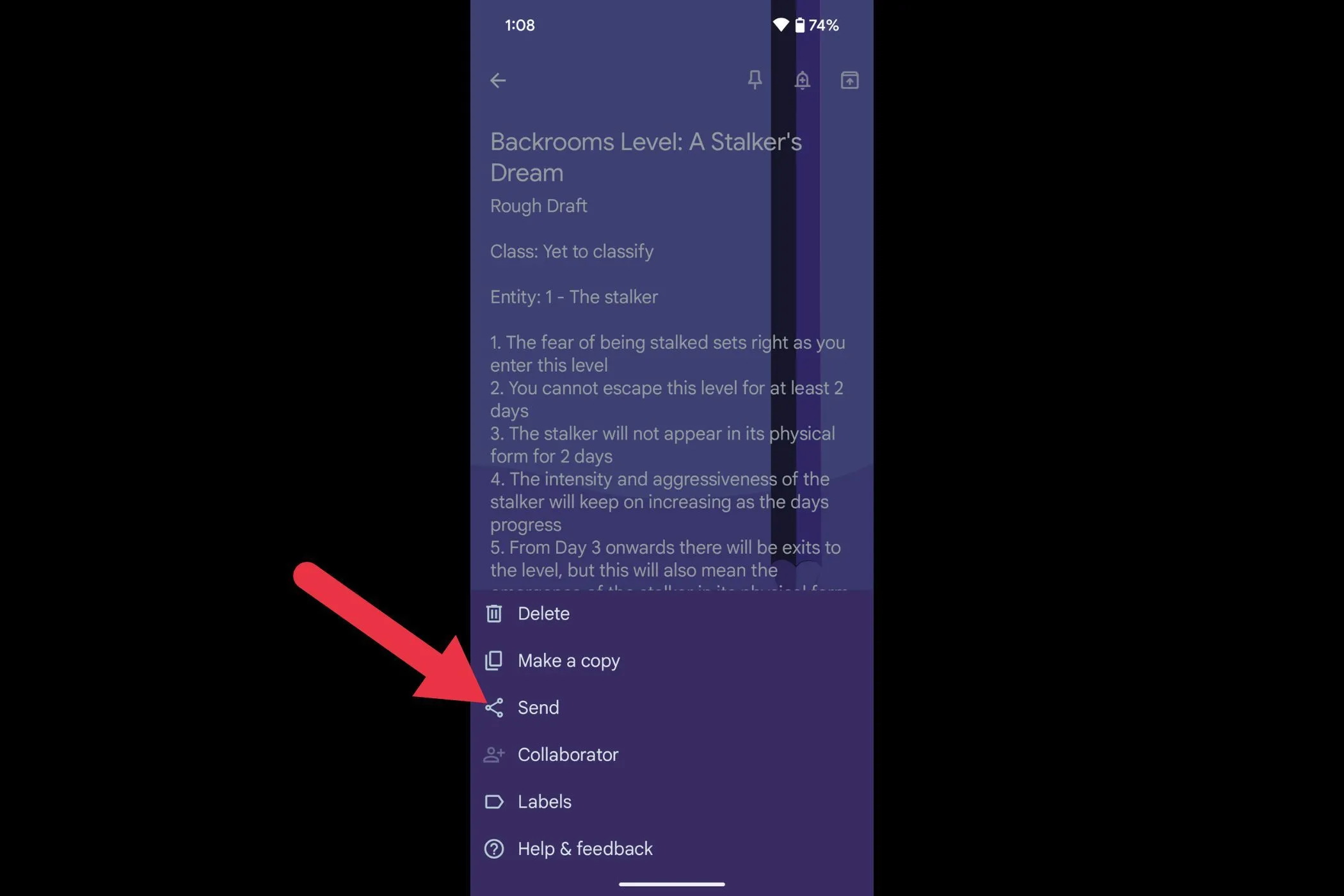 Tùy chọn &quot;Send&quot; (Gửi) trong menu ba chấm của ghi chú Google Keep, cho phép chia sẻ hoặc xuất ghi chú.