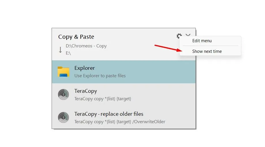 Tùy chọn &quot;Show Next Time&quot; trong cửa sổ TeraCopy giúp ẩn thông báo xác nhận chuyển file tự động