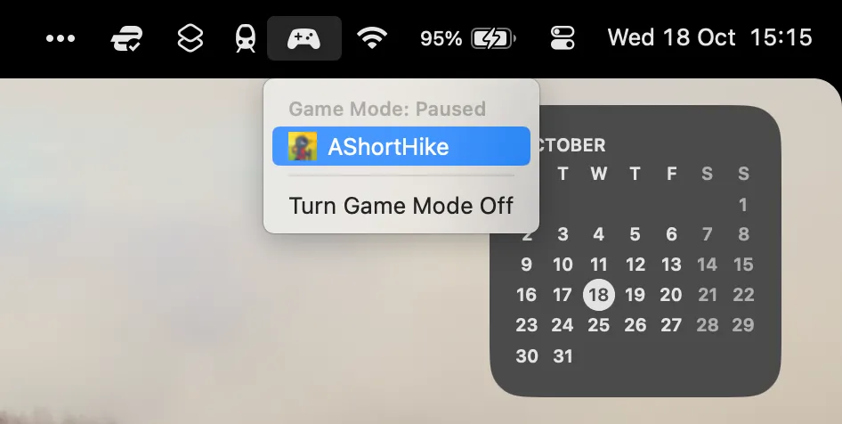 Tùy chọn trên thanh menu để bật hoặc tắt Chế độ Game Mode trong các ứng dụng trên macOS 14 Sonoma.