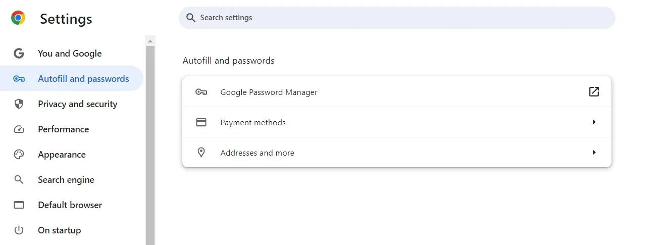 Tùy chọn Tự động điền và Mật khẩu trong cài đặt trình duyệt Chrome