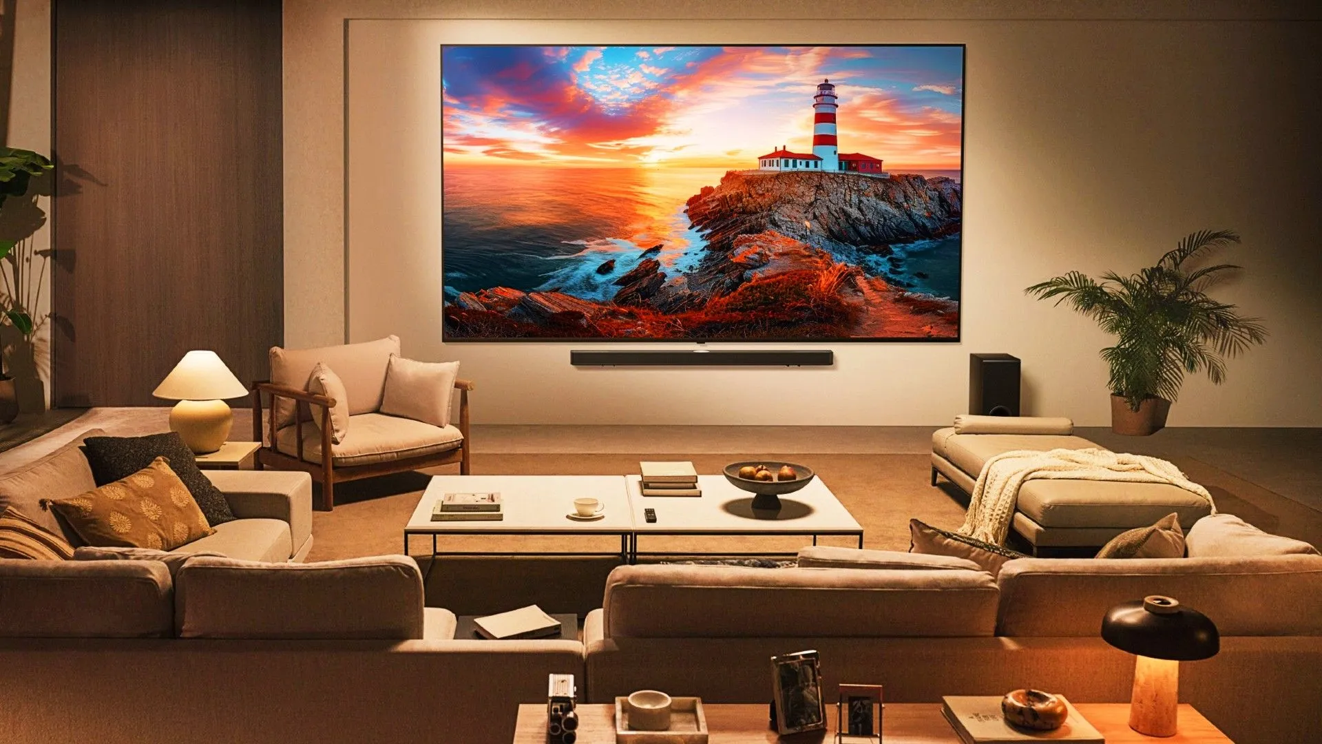 TV LG QNED Evo 2025 màn hình lớn gắn trên tường phòng khách hiện đại