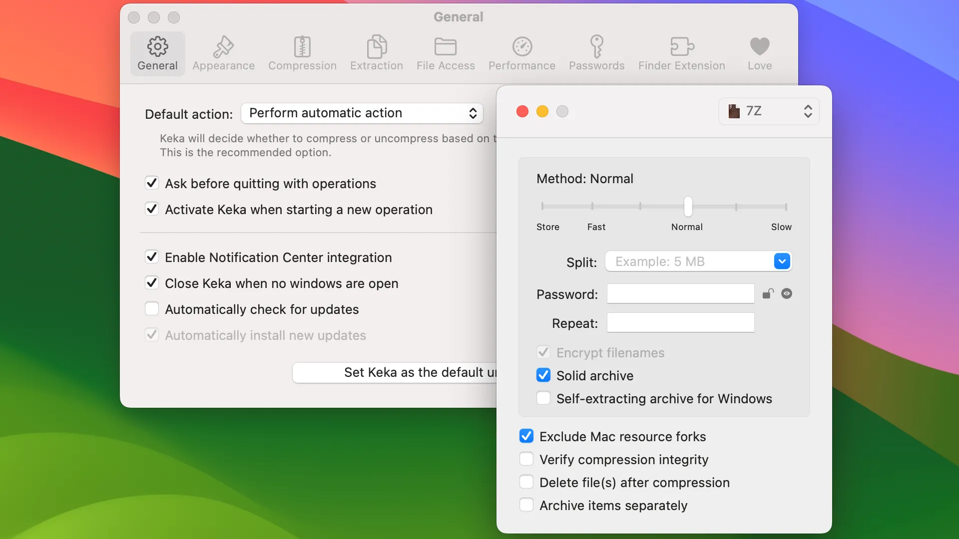 Ứng dụng giải nén và nén file Keka với các tùy chọn trên macOS