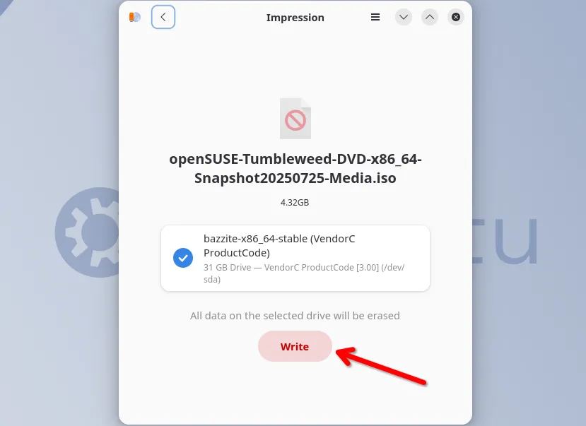 Ứng dụng Impression hiển thị nút Ghi để bắt đầu quá trình tạo USB boot