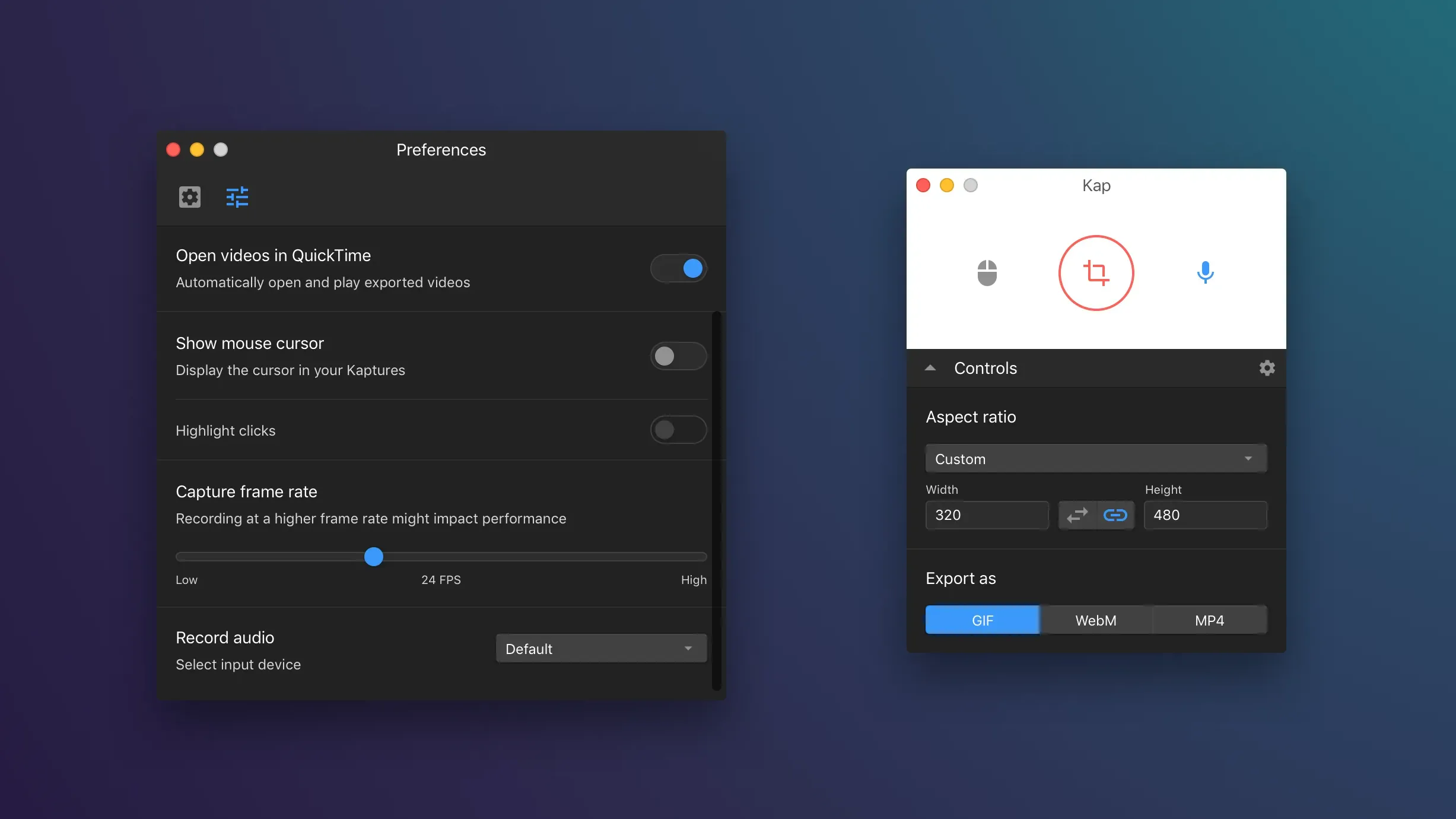 Ứng dụng Kap hiển thị menu ghi màn hình và tùy chọn xuất file trên macOS