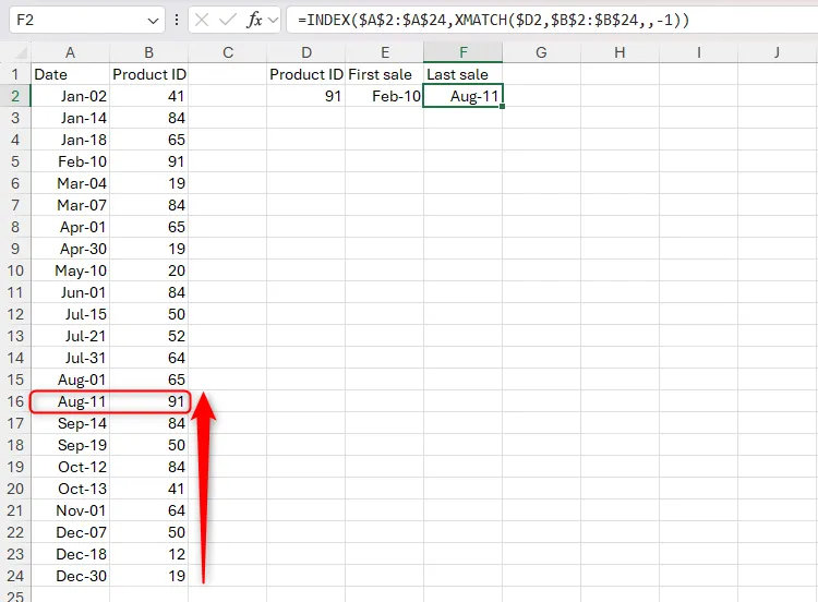Ví dụ Excel sử dụng INDEX và XMATCH với đối số tìm kiếm từ dưới lên để xác định ngày bán hàng cuối cùng của một sản phẩm.