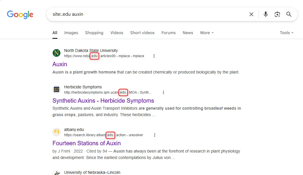 Ví dụ kết quả tìm kiếm Google khi lọc theo tên miền &quot;.edu&quot; cho thông tin học thuật.