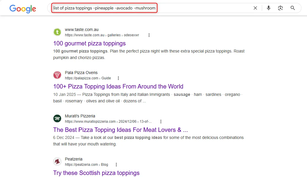 Ví dụ tìm kiếm Google để loại bỏ nhiều từ khóa như &quot;pineapple&quot;, &quot;avocado&quot;, &quot;mushroom&quot; khỏi kết quả.