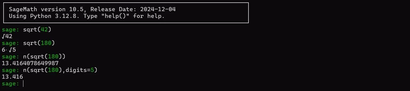 Ví dụ tính căn bậc hai và số gần đúng bằng SageMath trên dòng lệnh Linux.