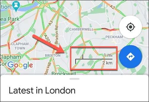 Ví dụ về thanh tỷ lệ Google Maps luôn hiển thị ở góc dưới bên phải trên ứng dụng Android.