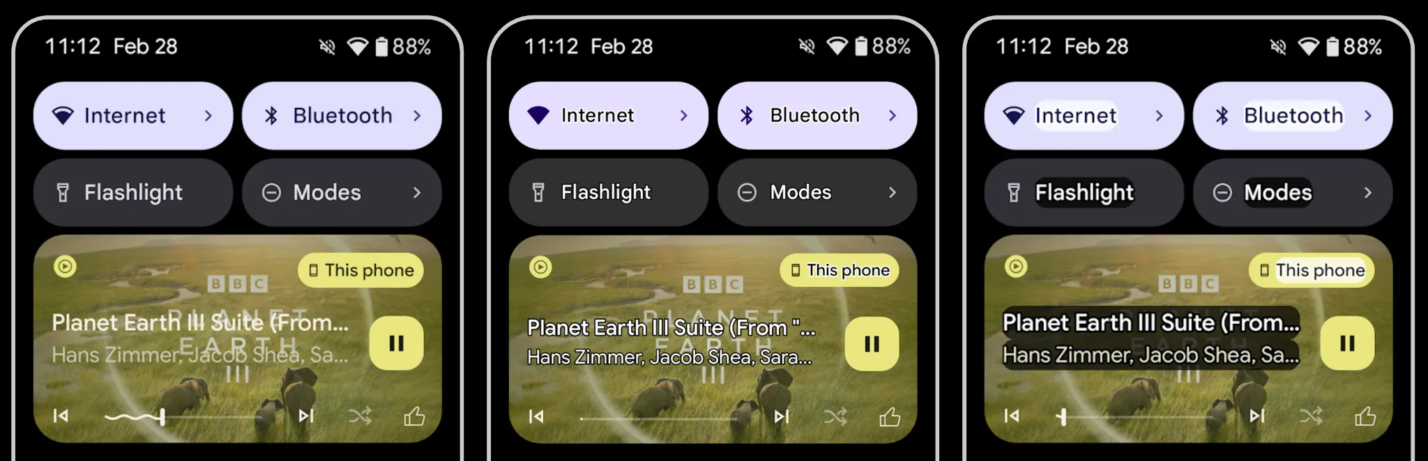 Viền chữ (Outline Text) mới trong Android 16 Beta 3 so với văn bản không tương phản và tương phản cao cũ.