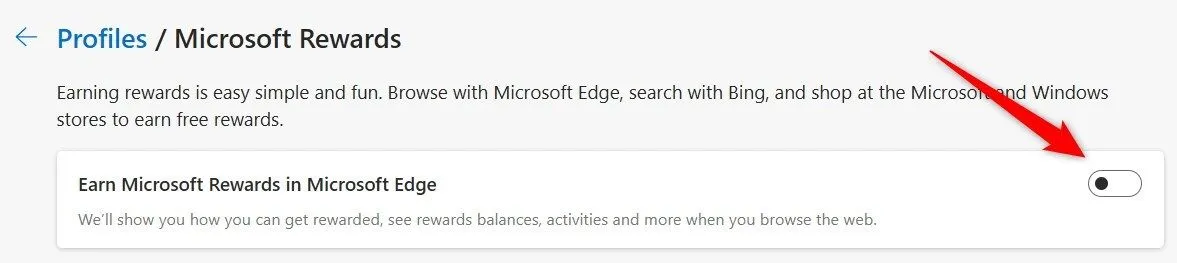 Vô hiệu hóa tính năng Microsoft Rewards trong cài đặt hồ sơ của trình duyệt Edge